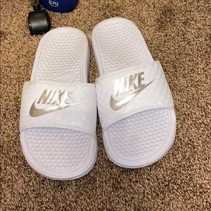 White Nike slides